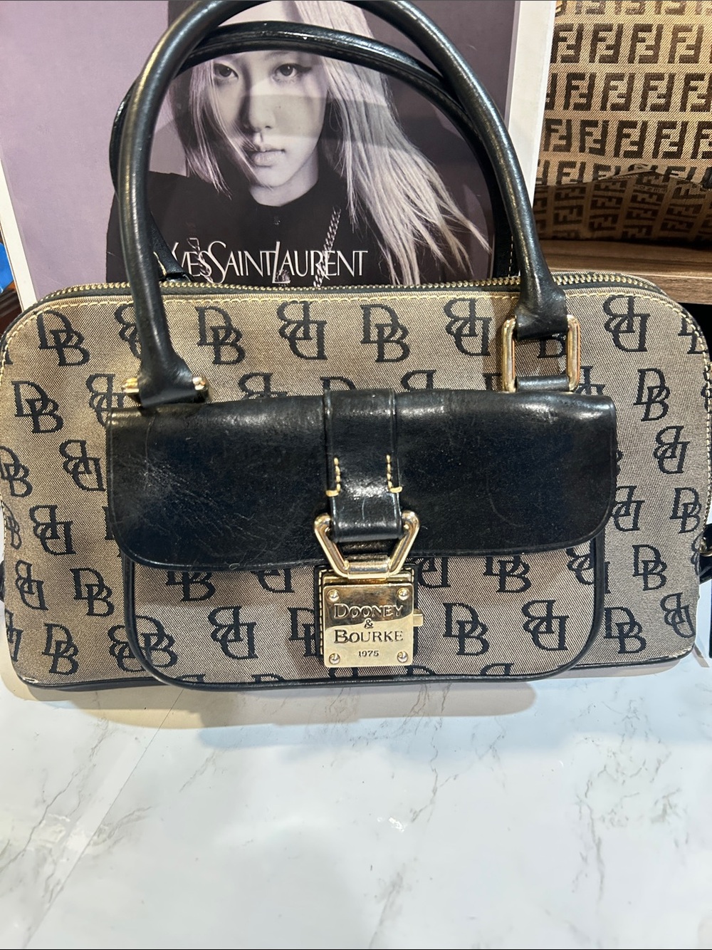 Dooney & Bourke Brown Logo Canvas Satchel with Black Leather Trim